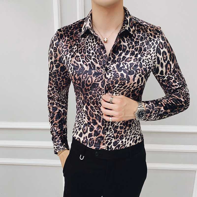 Flannel Shirts New 2020 Party Dress Club Outfits Slim Fit British Clothes Stylish Shirts Mens Velvet Leopard Printed Mens