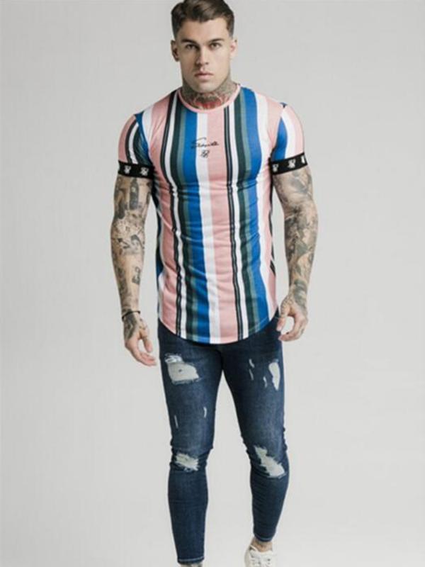 Summer Fashion Mens Street Hip-Hop Striped T-Shirt Sik Silk Printed Striped Round Neck Short Sleeve T-Shirt Polyester