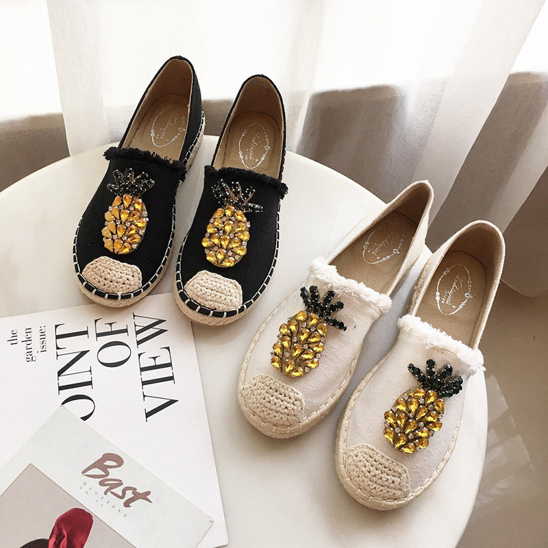 2019 New Women Espadrilles Flats Crystal Pineapple Hemp Fisherman Ladies Fashion Rhinestone Loafers Slip On Single Shoes S CX200722