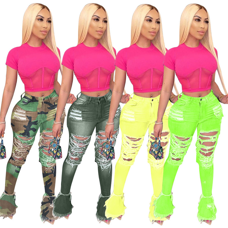 2020 New Stacked Jeans Casual Flare Jeans Plus Size Pants Flare Bottom Women Fashion Ripped Denim