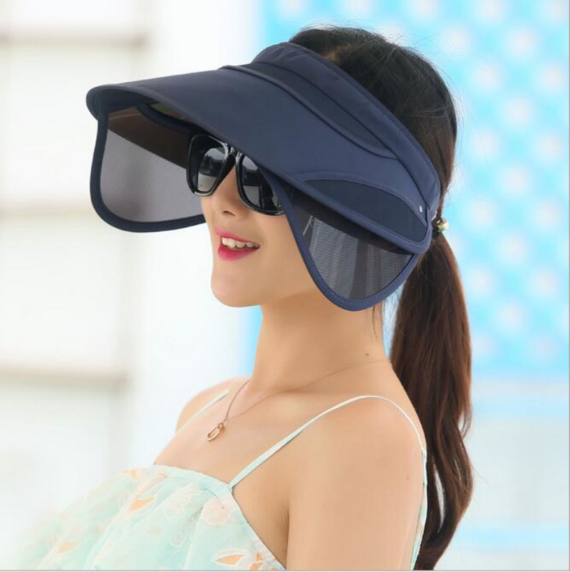 Womens Chic Sun Protection Wide Brim Empty top Sunhat Cap with Retractable Visor anti-ultraviolet Beach Hat Y200716