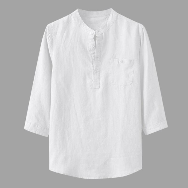 Men Cotton Linen Shirts Casual Shirts V-Neck Buttons Breathable Three Quarter Roll Up Sleeve Pocket Stand Collar, Black 
Men Cotton Linen Shirts Casual Shirts V-Neck Buttons Breathable Three Quarter Roll Up Sleeve Pocket Stand Collar, Black
