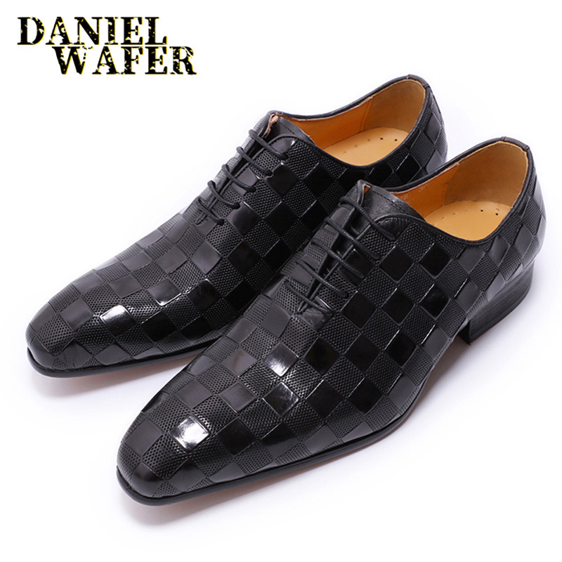 LUXURY ITALIAN LEATHER SHOES MEN NEW FASHION PLAID PRINTS LACE UP BLACK BROWN WEDDING OFFICE SHOES FORMAL OXFORD SHOES FOR MEN CX200731