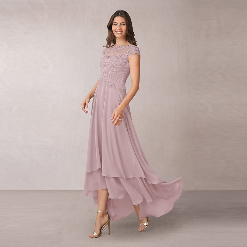 Latest Charming Rose High Low Chiffon Lace Mother of the Bride Dresses Short Sleeve Boat Neck Wedding Party Gowns Applique Pleat