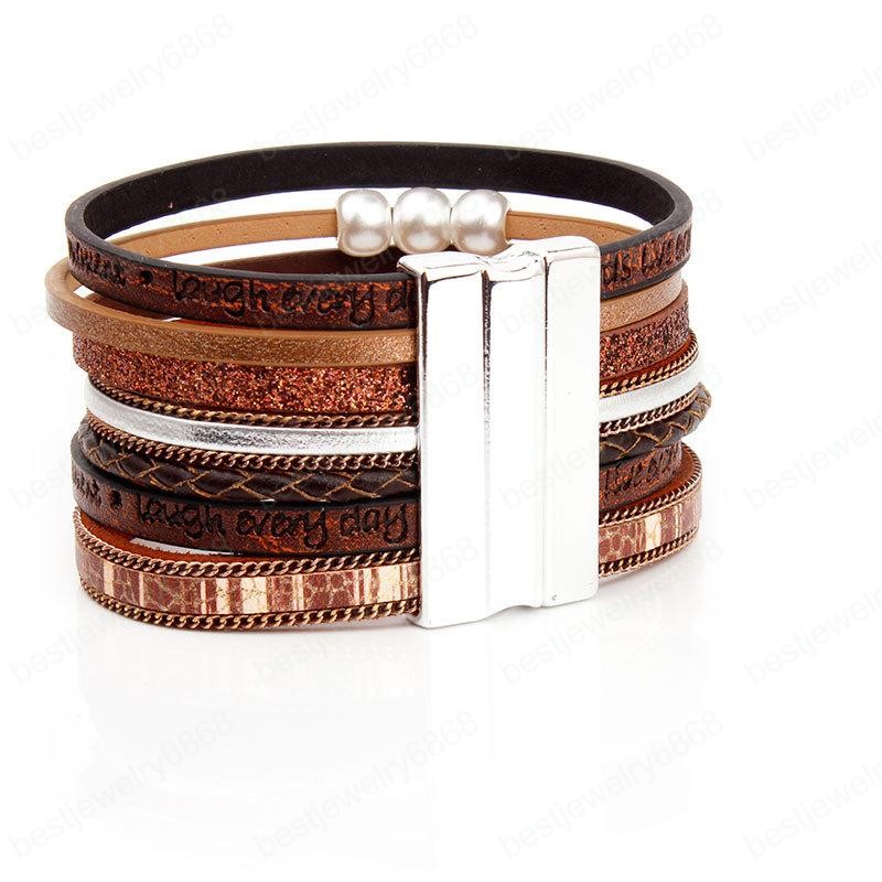 Creative Women Twine Tree of Life Leather Strap Magnet Buckle Pearl Bangle Bracelet Multilayer Bracelets Fashion Gifts