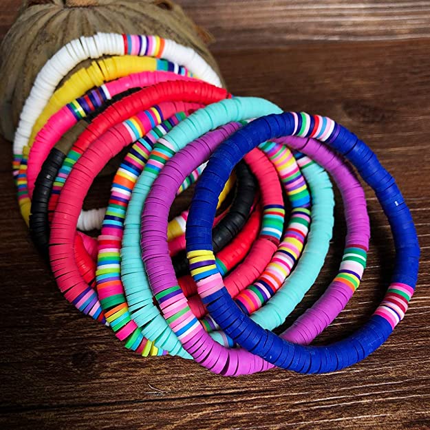 Handmade Rainbow Bead Bracelet Colorful Polymer Clay Disc Beads Bracelets Boho Surf Stackable Stretch Charm Bracelet Jewelry for Women Girl