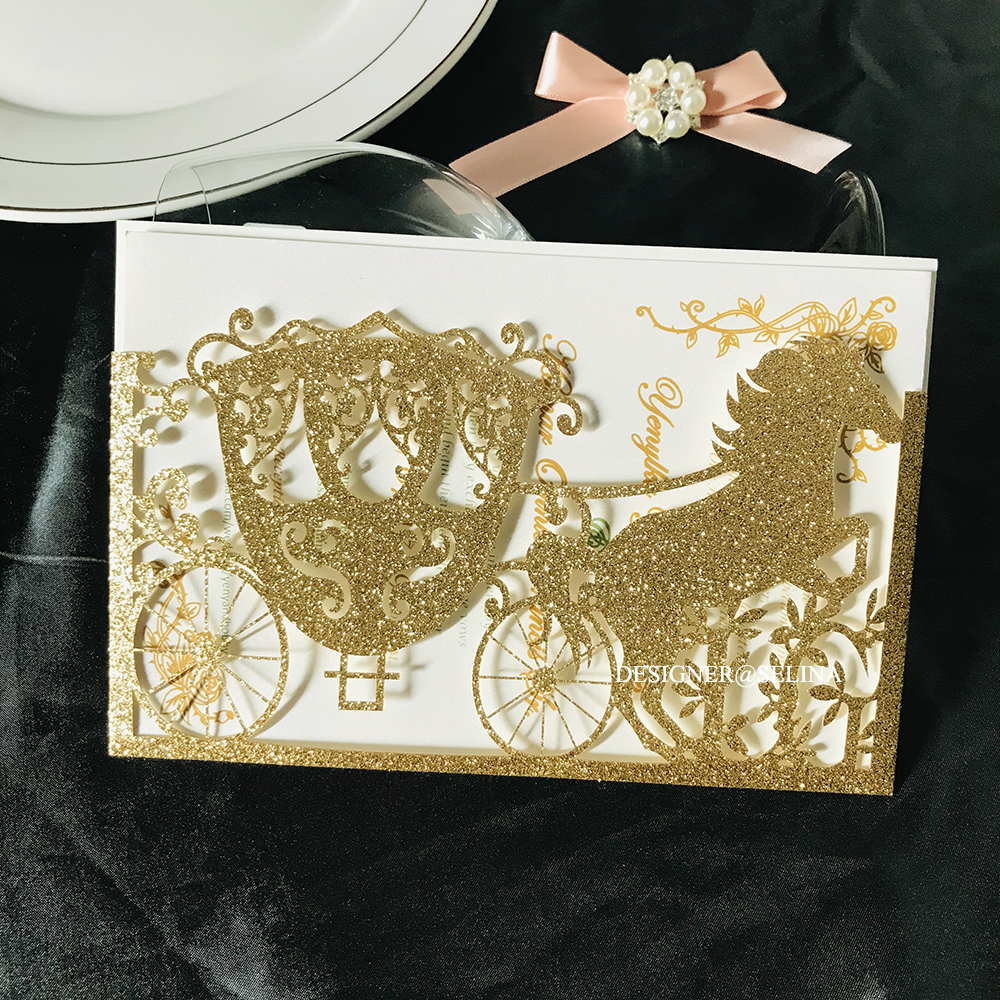 2020 Gold Glitter Wedding Invitation Horse Carriage Laser Cut Sweet 16 Invites Rustic Printable Invitations for Quinceanera Birthday Invite от DHgate WW