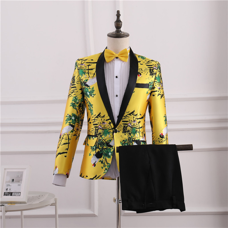 2-Piece New Singer Nightclub Printed Men Suit Host Bar Stage Performance Party Wear Lapel Suit Fit Slim Suit For Man In Stock Free Shipping