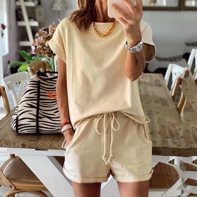 2020 Fashion Women' Casual Outfit Lady Loose Solid Color O-neck Short Sleeve Home Shorts Suit Drawstring Sets #3, Beige
2020 Fashion Women' Casual Outfit Lady Loose Solid Color O-neck Short Sleeve Home Shorts Suit Drawstring Sets #3, Beige