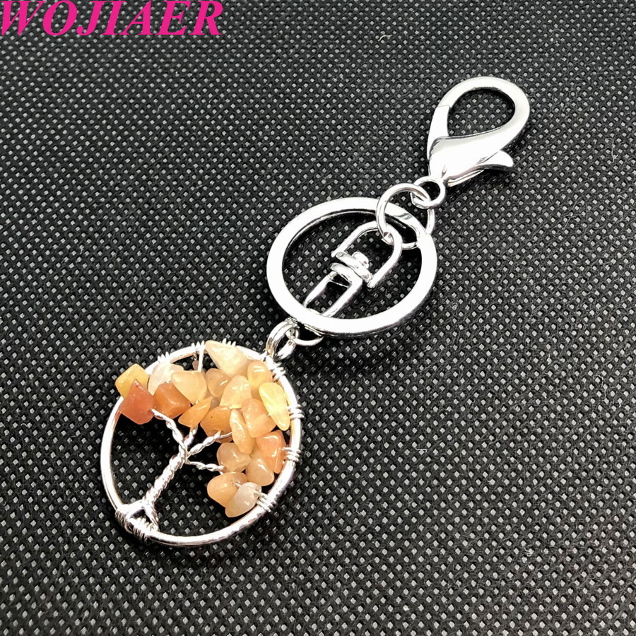 WOJIAER Natural Stone Clear Crystal Keychains Ring Key Handmade Holder Round Tree of Life for Women Car Bags Accessories BW911