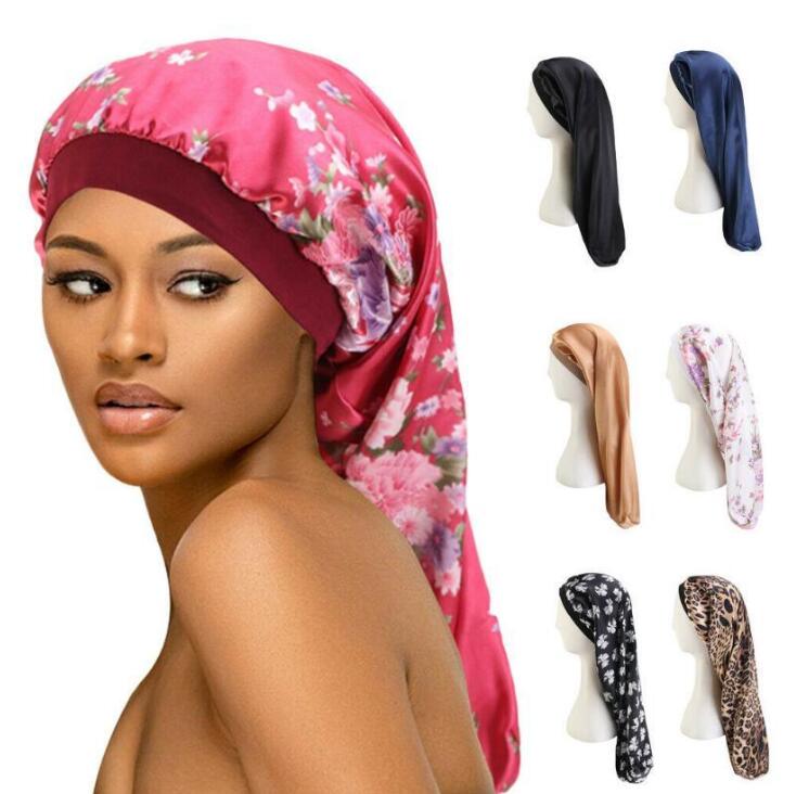 Long Hair Sock Cap Sleep Hat Wrap Night Cap Hair Care Bonnet Nightcap Women Wide Band Elastic Satin Hat Headcover Baggy Protect GD445