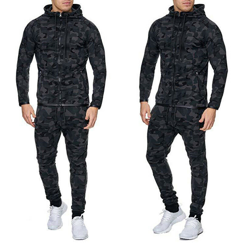 Men's Tracksuits Men Camouflage Tracksuit Set Long Sleeve Zip Hoodie Tops Pants Jogging Sportswear Black Blue Green Red White1