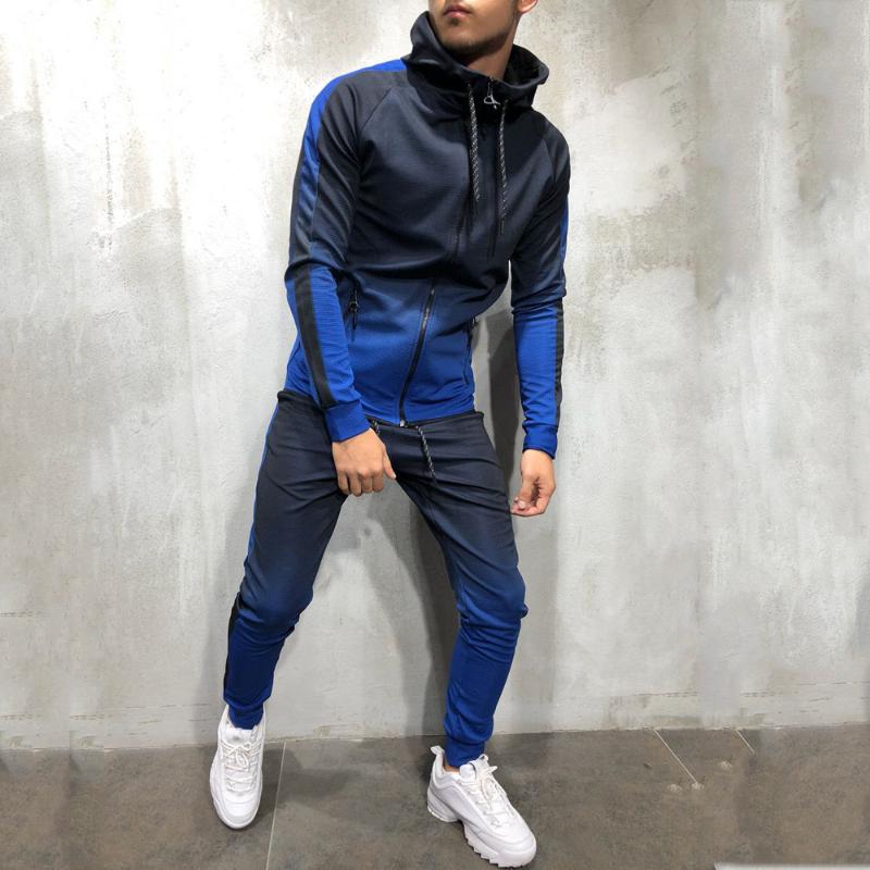 Zipper Tracksuit Men Set Sporting 2 Pieces Sweatsuit Printed Hooded Hoodies Jacket Pants Track Suits Male