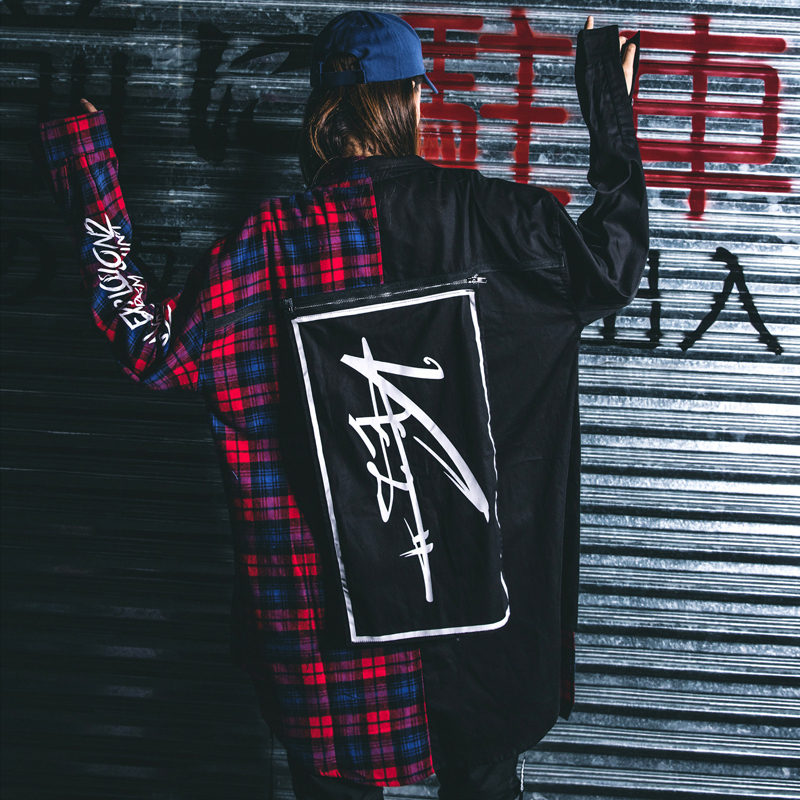 Plaid Shirts Men Hip Hop Patchwork Long Sleeve Shirt Men Women Punk Style Creative Letter Printed Shirt Tops Streetwear WJ188 T200410