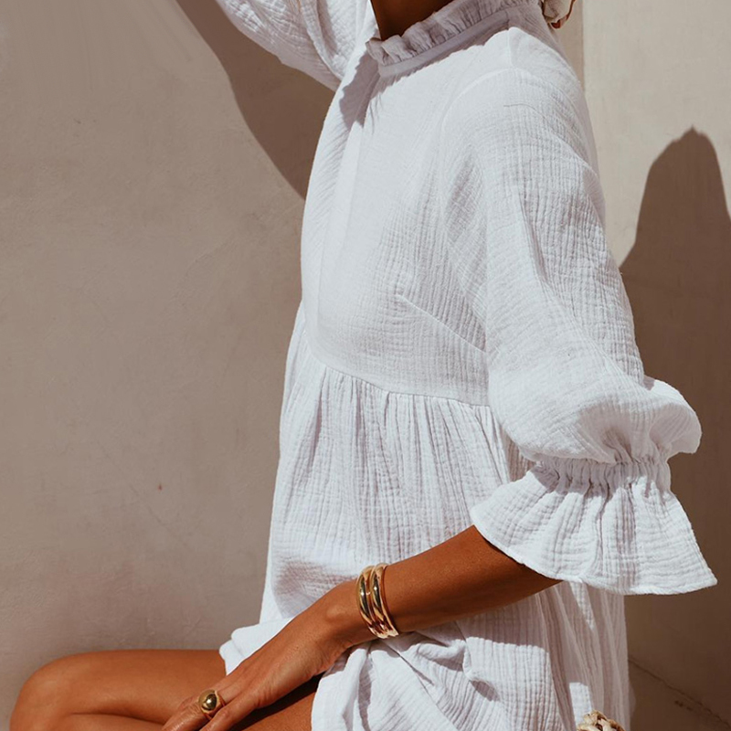 Summer Women Solid Casual Loose Mini Dresses Ladies Ruffles Half Sleeve Shirt Party Dress New Fashion Women Straight Dress T200521