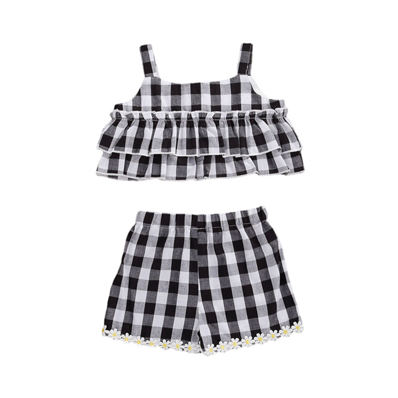 2Pcs Sweet Baby Girls Outfit Set 2020 Summer Creative Black White Plaid Printing Sleeveless Suspender Top + Lace Shorts Set