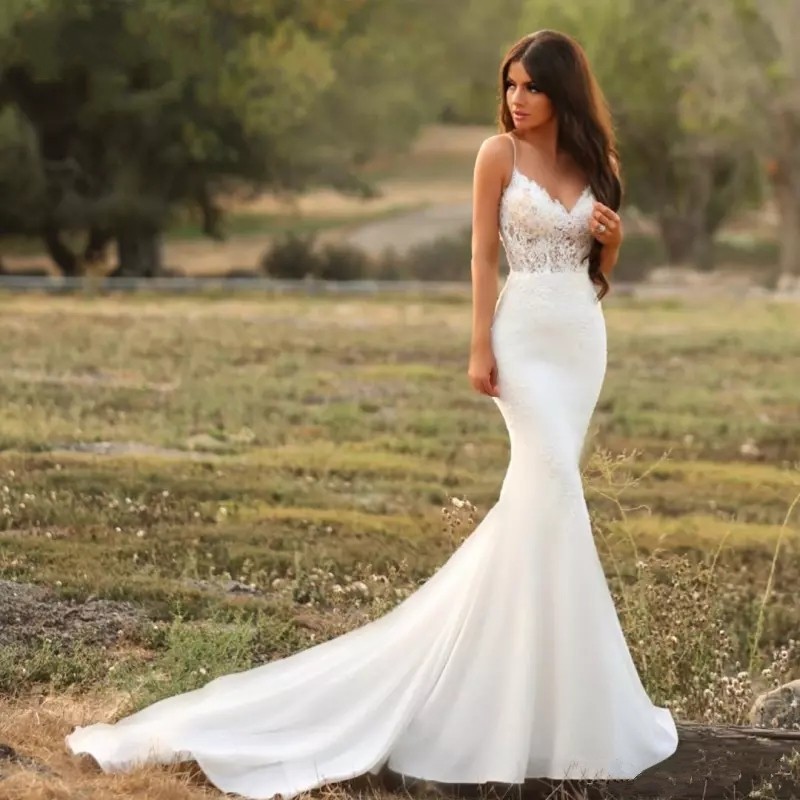 Mermaid Wedding Dress 2020 Lace Spaghetti Strap Open Back Zip Up Bridal Gown Modest Stain Beach vestido de noiva customize