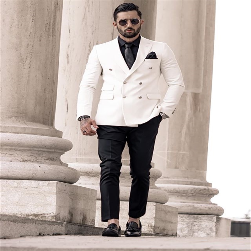 2piece white coatblack pant wedding tuxedos party fit formal business double breasted men suits peaked lapel blazer suit