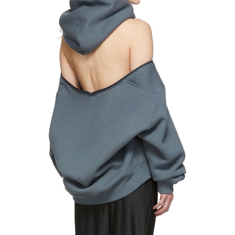 Women Warm Cold Shoulder Hooded Sweatshirt Sexy Plus Velvet Loose Hoodies Solid Color Long Top S-L