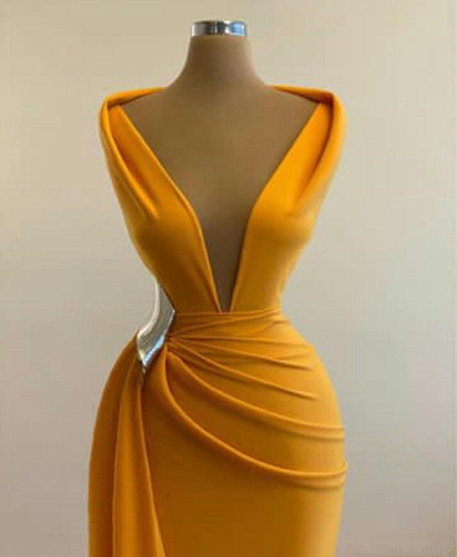 Orange Mermaid Prom Dresses Deep V Neck Satin Sexy Evening Dress Cheap Cocktail Party Sweep Train Formal Occasion Wear