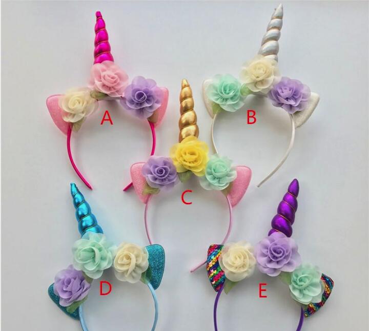 Children's headban Glitter Metallic Unicorn Headband Girls Chiffon Flowers Hairband For Kids leaf flower Unicorn Horn Party Hair Accessories