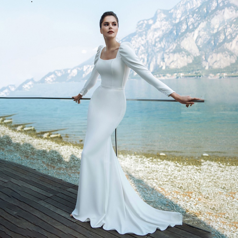 Wedding Dress Elegant Mermaid Square Collar Long Sleeve Satin Vestido de novia 2020 Button Princess Bridal Gown