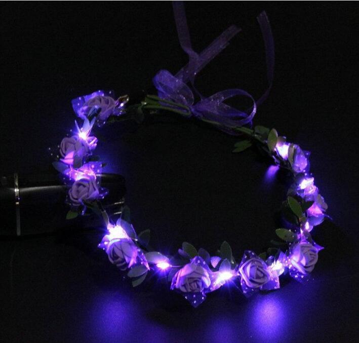 Flashing LED Glow Rose Crown Headbands Light Party Rave Floral Hair Garland Wreath Wedding Flower Girl Headpiece Decoration GD380