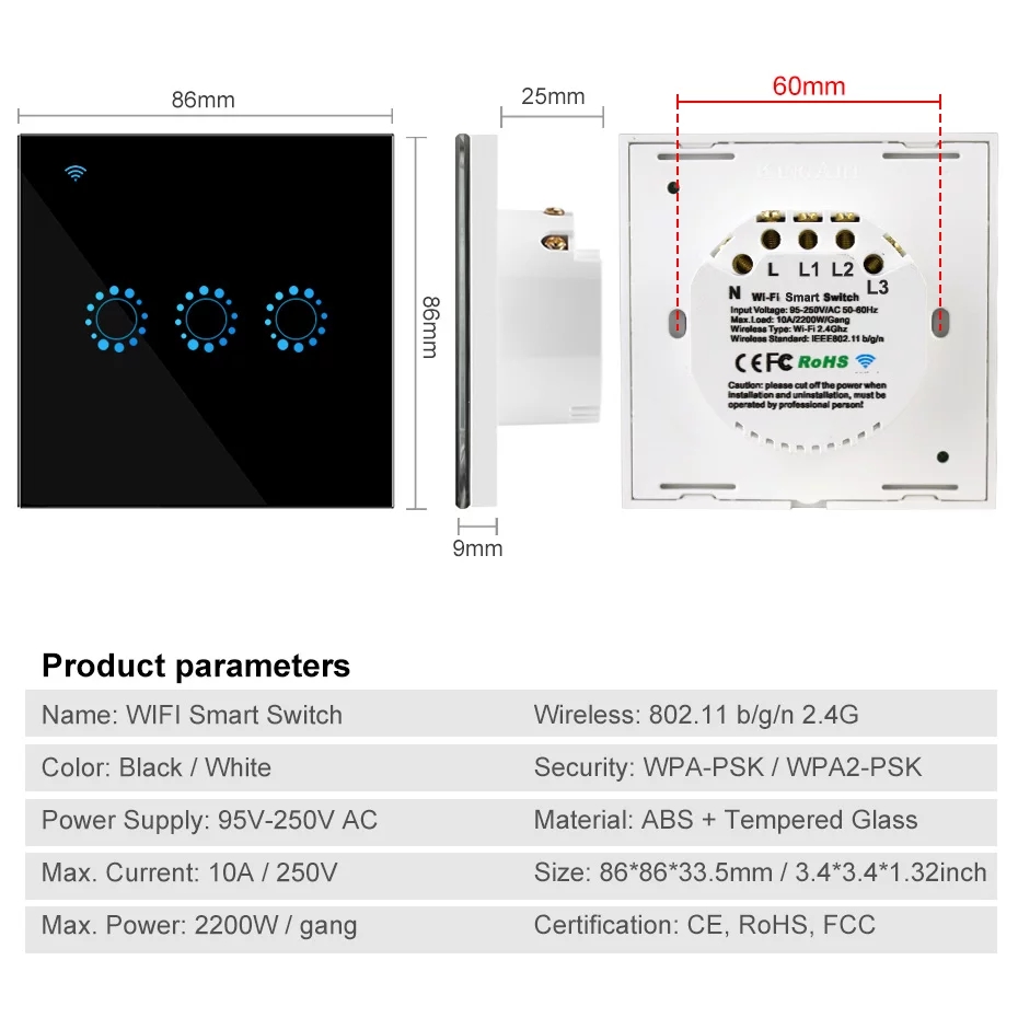 WiFi Smart Light Switch Glass Panel Touch Switch Compatible with Alexa Google Home Smart Wall Switch 10A 90250V Phone App Timer F1