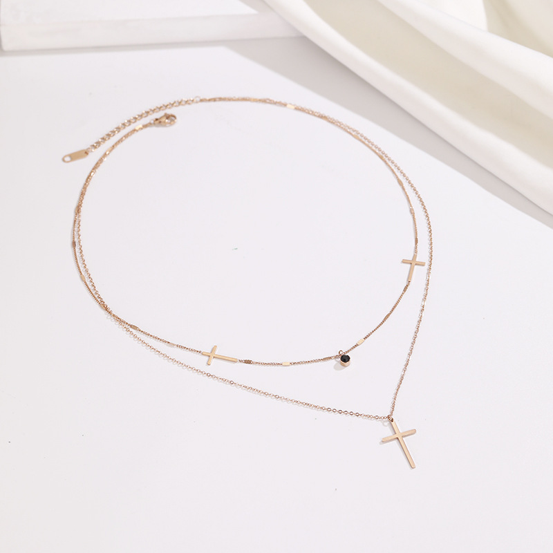 Fashion Two Layers Necklace with Cross Charm Pendant with Black Diamond in Rose Gold Color
Fashion Two Layers Necklace with Cross Charm Pendant with Black Diamond in Rose Gold Color