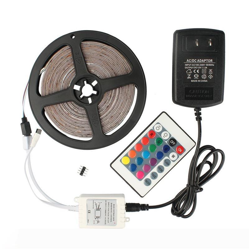 2835SMD RGB LED Flexible Strip Lights Kit 16.4Ft(5M) 300leds Waterproof Led Strips 24 44key Remote Controller 12V 2A Power Supply Adapter