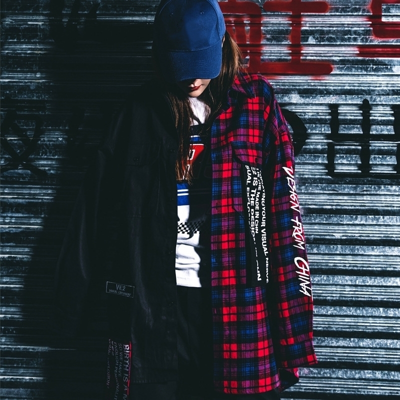 Plaid Shirts Men Hip Hop Patchwork Long Sleeve Shirt Men Women Punk Style Creative Letter Printed Shirt Tops Streetwear WJ188 T200410