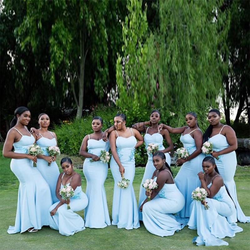 Light Sky Blue Mermaid Bridesmaid Dresses Spaghetti Appliques Garden Country African Wedding Guest Party Gowns Maid Of Honor Dress B142 0510