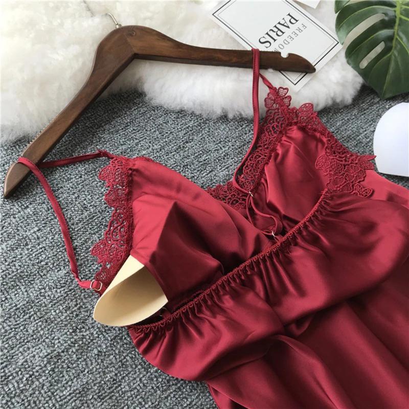 Women Sexy Silk Sleep Dress Fashion Babydoll Lace Lingerie Belt Bathrobe Nightwear Women Sexy Nightwear Female Bathrobes