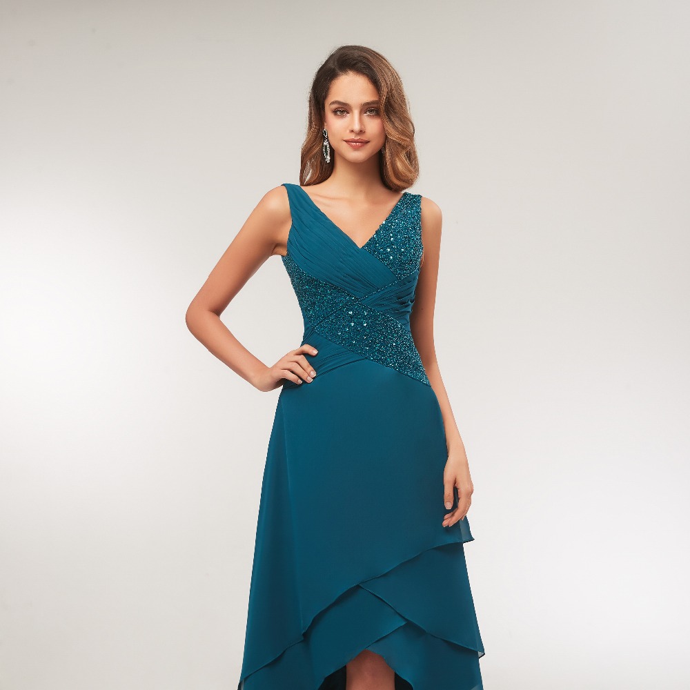 Mother's Dresses Turquoise Chiffon V Neck Pleated Tea Length High Low Mother Of The Bride Dress Vestido De Madrinha Evening Dresses