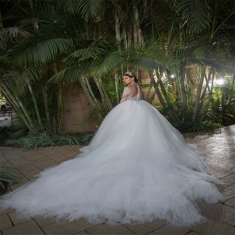 Elegant A-line Wedding Dresses Luxury Beaded Jewel Neck Sheer Long Sleeve Church Bridal Gowns Custom Made Court Train Vestidos De Novia