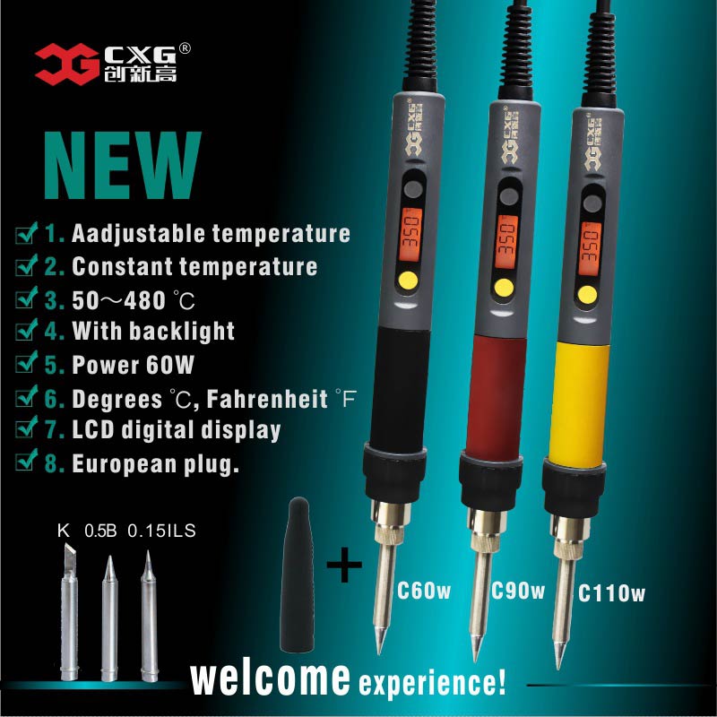 CXG EU/US/AU/UK 220V/110V C60W/C90W/C110W Solder Iron LCD Adjustable Temperature NCT Digital Display Electric Soldering Iron
CXG EU/US/AU/UK 220V/110V C60W/C90W/C110W Solder Iron LCD Adjustable Temperature NCT Digital Display Electric Soldering Iron
