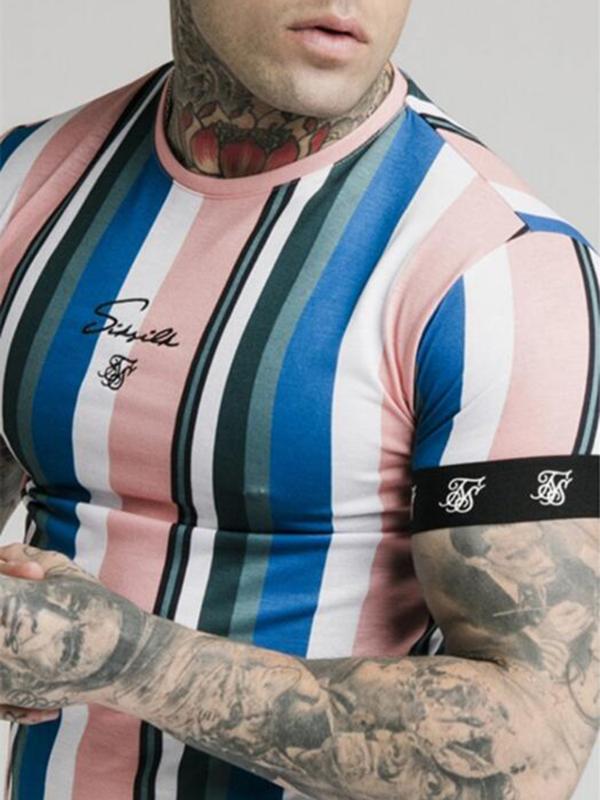 Summer Fashion Mens Street Hip-Hop Striped T-Shirt Sik Silk Printed Striped Round Neck Short Sleeve T-Shirt Polyester