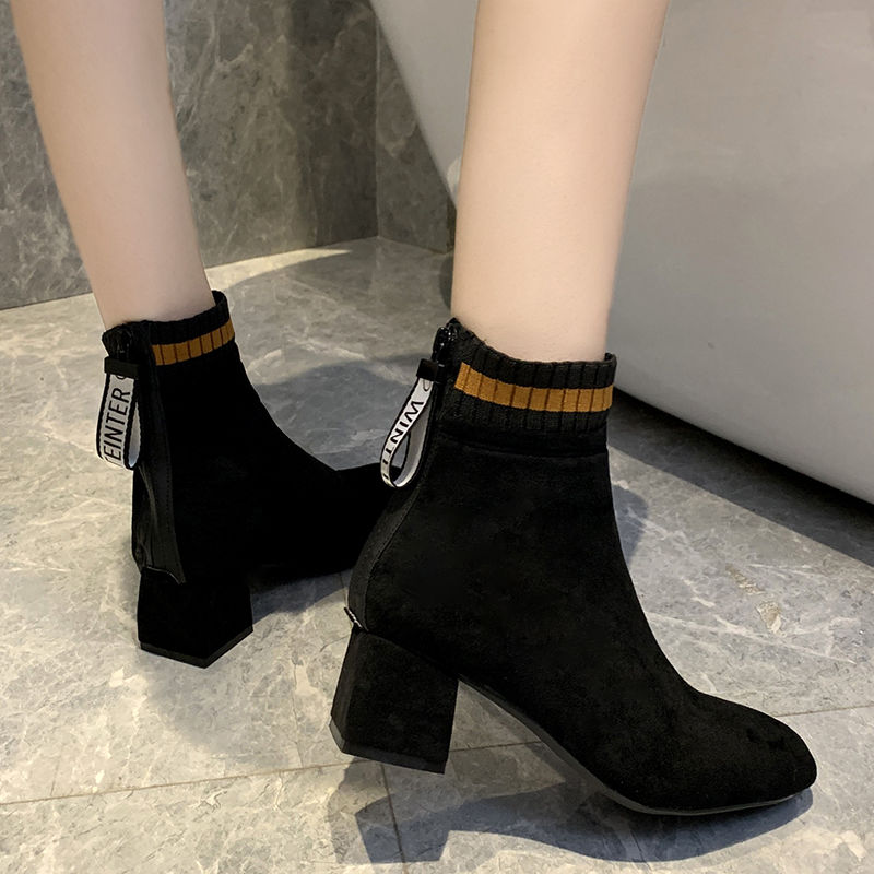 35-43 Big Yard Women Spring Autumn Martin Boots 2025 New Fashion 5 cm Thick Heels Single Shoes Female Vintage zipper knit Shoes