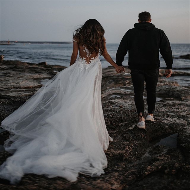 hot sale sexy offshoulder beach wedding dresses aline sleeveless illusion back appliqued lace sequins bridal gown bohemian bridal dress