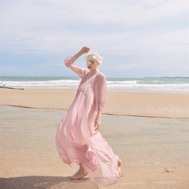 pink chiffon wedding robes vneck long sleeve sexy backless pajamas sleepwear anklelength custom made nightgown for women cheap