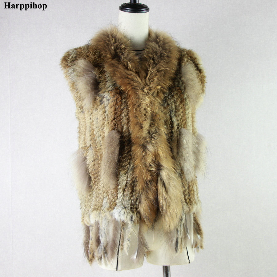 womens natural real rabbit fur vest with raccoon fur collar waistcoatjackets rex rabbit knitted winte T200507