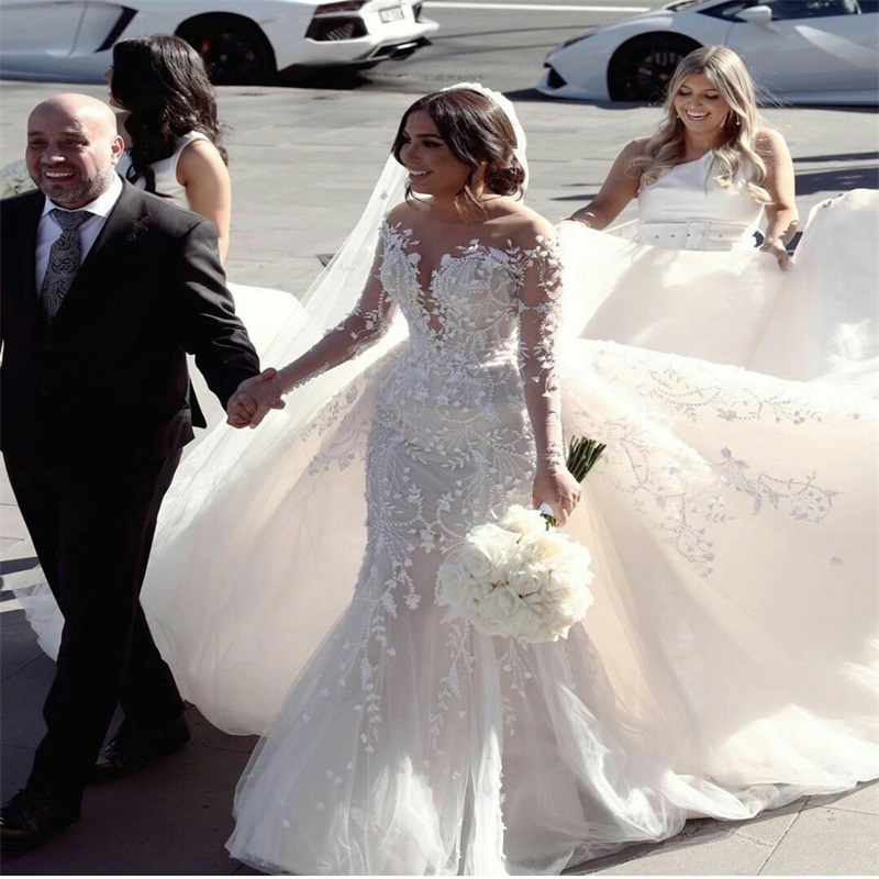 Newest Castle Mermaid Wedding Dresses With Detachable Train Jewel Sheer Neck Appliqued Lace Bridal Gowns Custom Made Robes De Mariée Sirène