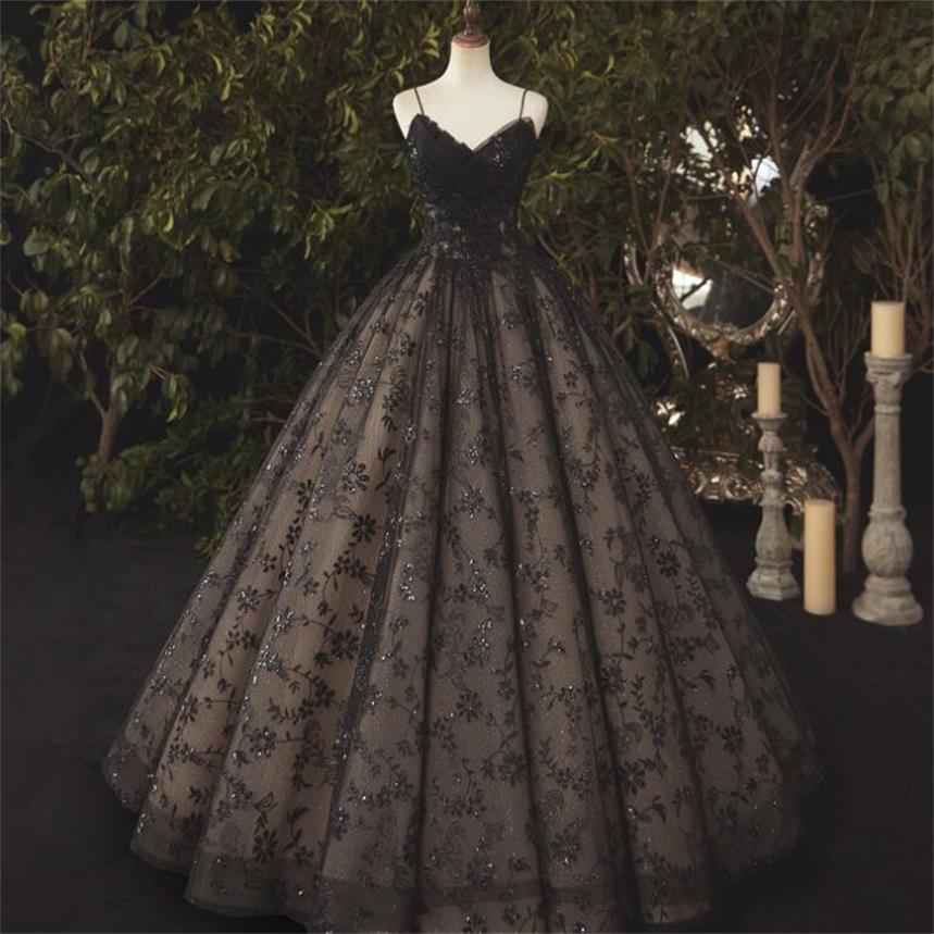 2020 Black Wedding Dresses Sleeve Spaghetti Sleeveless Floor Length Beaded Robes De Mariée Lace Applique Wedding Dresses Bridal Gowns