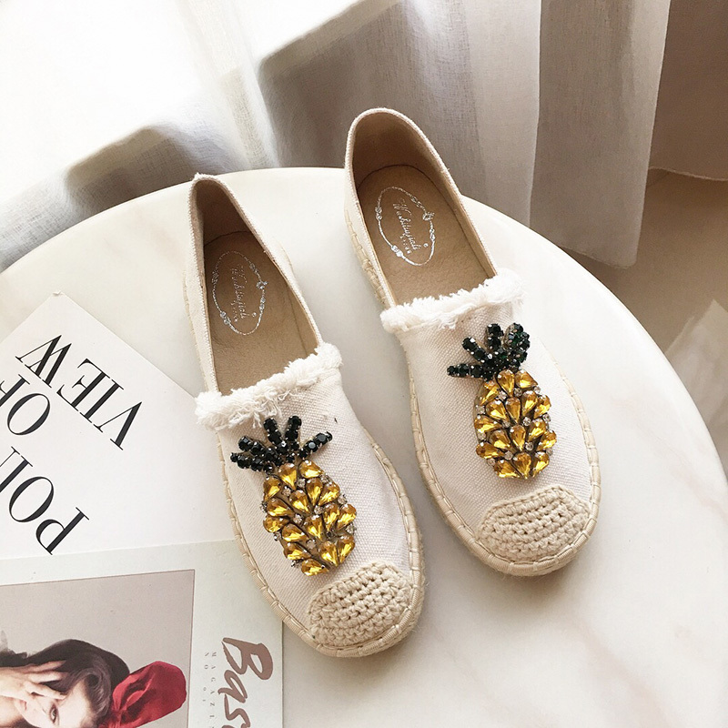 2019 New Women Espadrilles Flats Crystal Pineapple Hemp Fisherman Ladies Fashion Rhinestone Loafers Slip On Single Shoes S CX200722