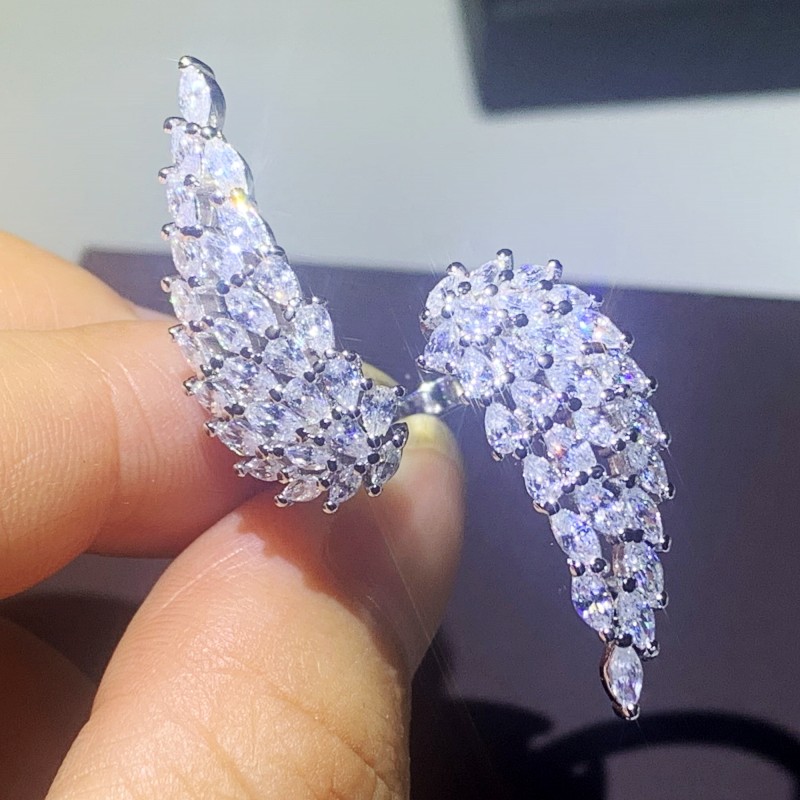 Classic Open Adjustable Ring Unique Luxury Jewelry Real 925 Sterling Silver Marquise Cut White Topaz CZ Diamond Angle Wing Wedding Ring
