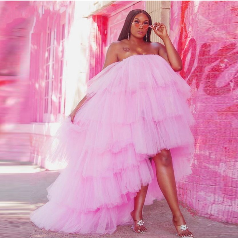 Blush Pink Tiered Tulle Homecoming Dresses High Low Elastic Puffy Formal Party Dress Strapless Prom Dress Cheap Robe Vestido