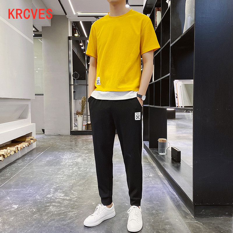 Casual suit men's Korean Trend handsome loose round neck T-shirt two piece set of new summer pants sportswear set, Yellow
Casual suit men's Korean Trend handsome loose round neck T-shirt two piece set of new summer pants sportswear set, Yellow