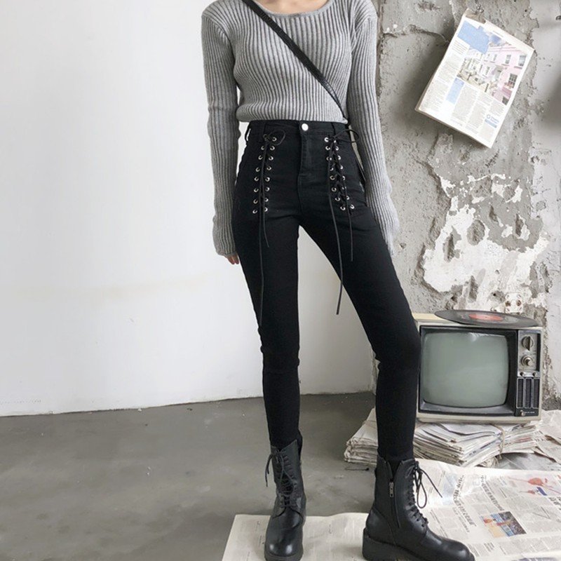 High Waist Bandage Jeans Woman Spring Summer New Korean Slim Tight Female Street Style Nine Part Pants, Black
High Waist Bandage Jeans Woman Spring Summer New Korean Slim Tight Female Street Style Nine Part Pants, Black