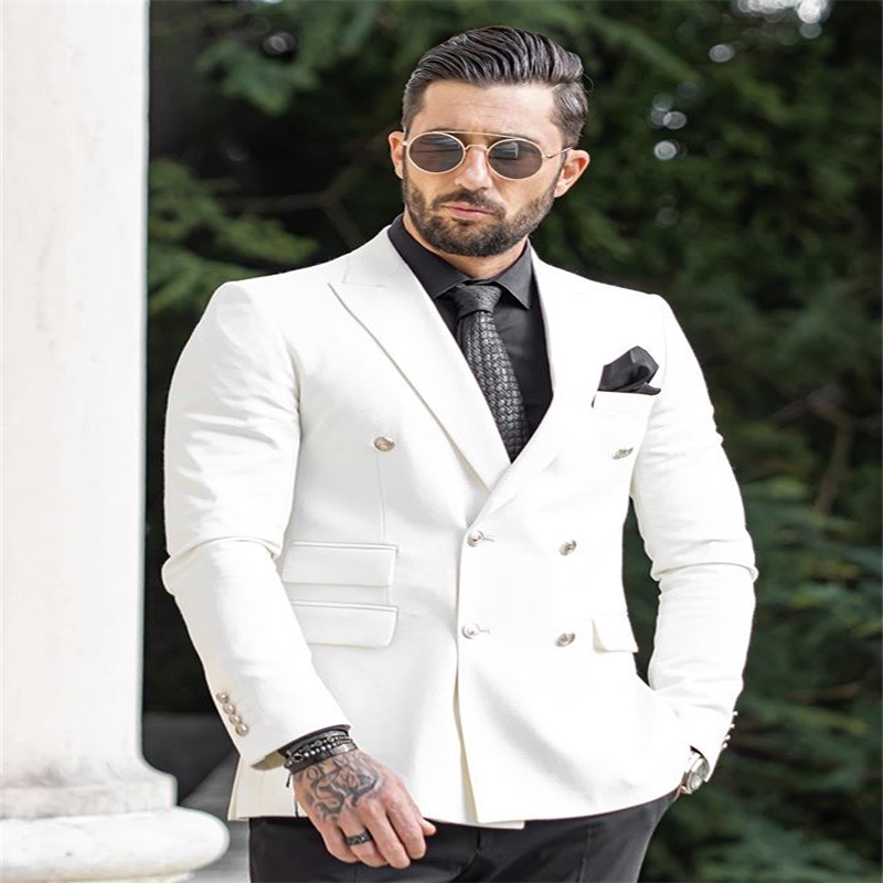 2piece white coatblack pant wedding tuxedos party fit formal business double breasted men suits peaked lapel blazer suit