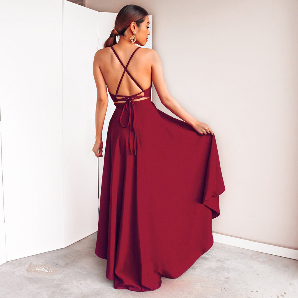 Burgundy Dress For Party Elegant A Line Deep V Neck Spaghetti Strap High Low Sexy Bridesmaid Dresses With Cross Back Evening Dress